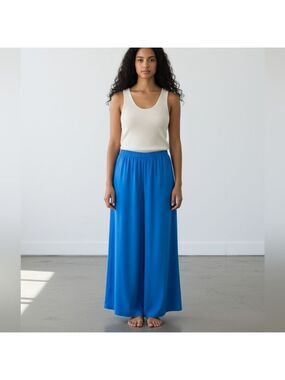 Stylive Blue Crepe Wide Leg Palazzo Pants Medium Floor Length Resort Chic